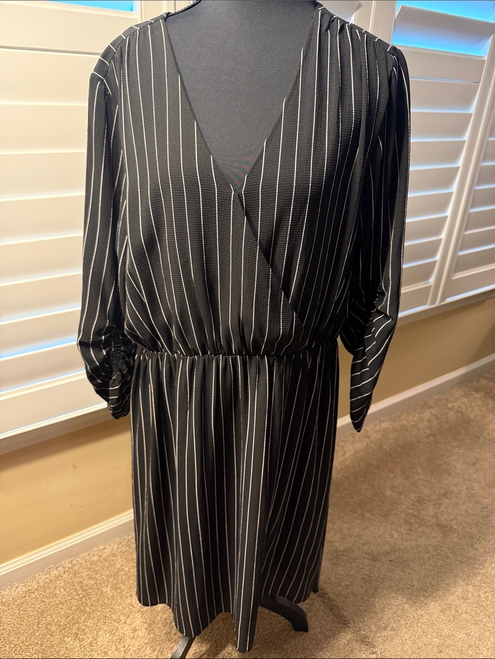 bobeau Black and White Pinstripe Long Sleeve Surplice Dress